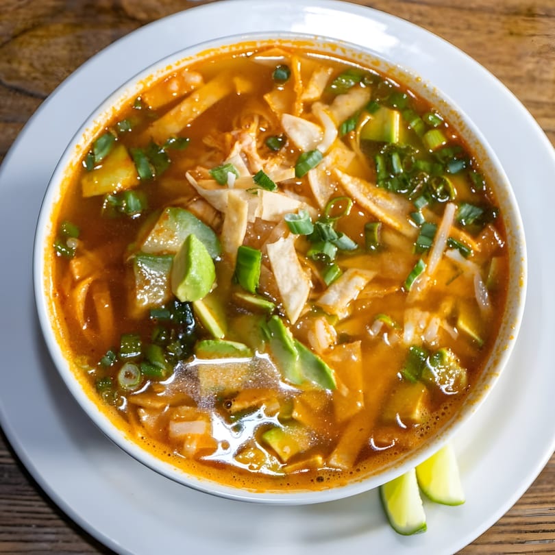 A bowl of tortilla soup with avocado, tortilla strips, and green onions on a white plate.