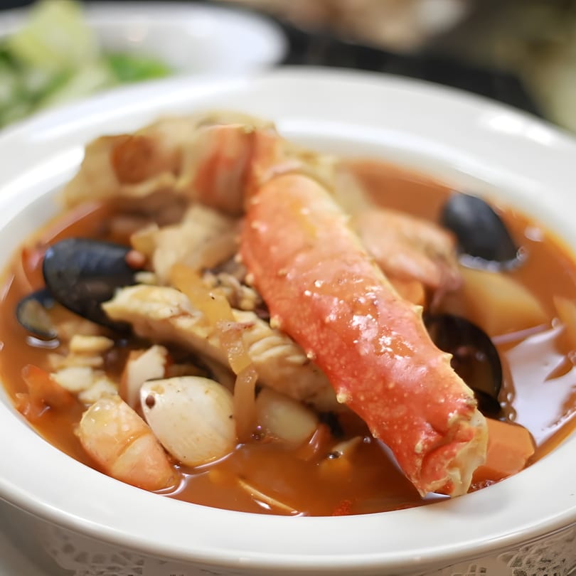 Close-up of a seafood stew with crab leg, mussels, shrimp, and vegetables in a rich broth.