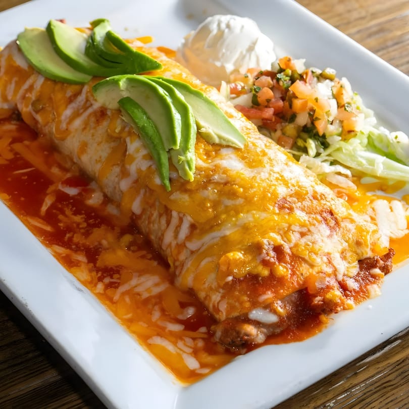 A large, cheesy burrito topped with avocado slices, served with sour cream and pico de gallo.